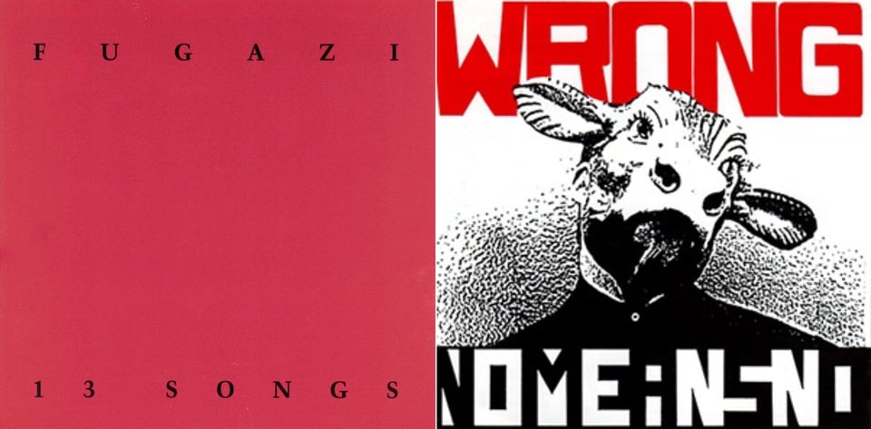 First pic: A red background. At the top in black reads "FUGAZI" and along the bottom in the same font "13 SONGS.” Second pic: What looks like a photo, that has been photocopied as to render black and white and reduce details, of a man wearing a cow or goat mask. He wears a black shirt that is buttoned all the way up, covering the throat and neck.