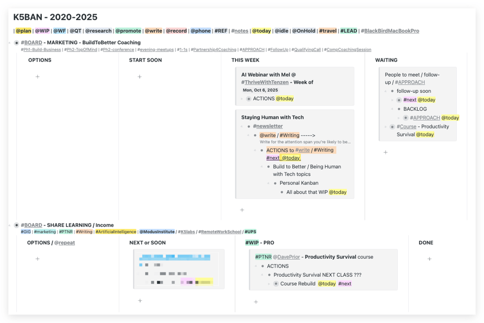 A screenshot of my personal kanban with only five cards across two boards all with a "today" tag visible.