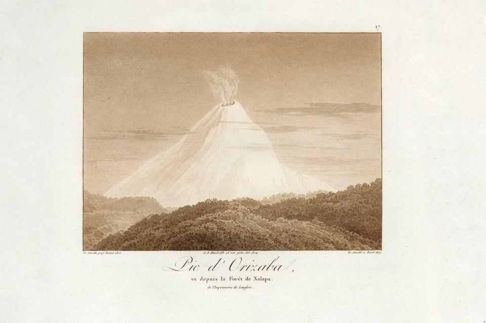 Gravure of a volcano with a title underneath