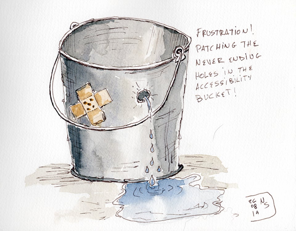 Line and wash illustration of a gray metal bucket leaking water through an unpatched hole into a puddle. A beige bandage covers another hole on the bucket. Handwritten text reads: “Frustration! Patching the never ending holes in the accessibility bucket!”. Dated August 14, 2026