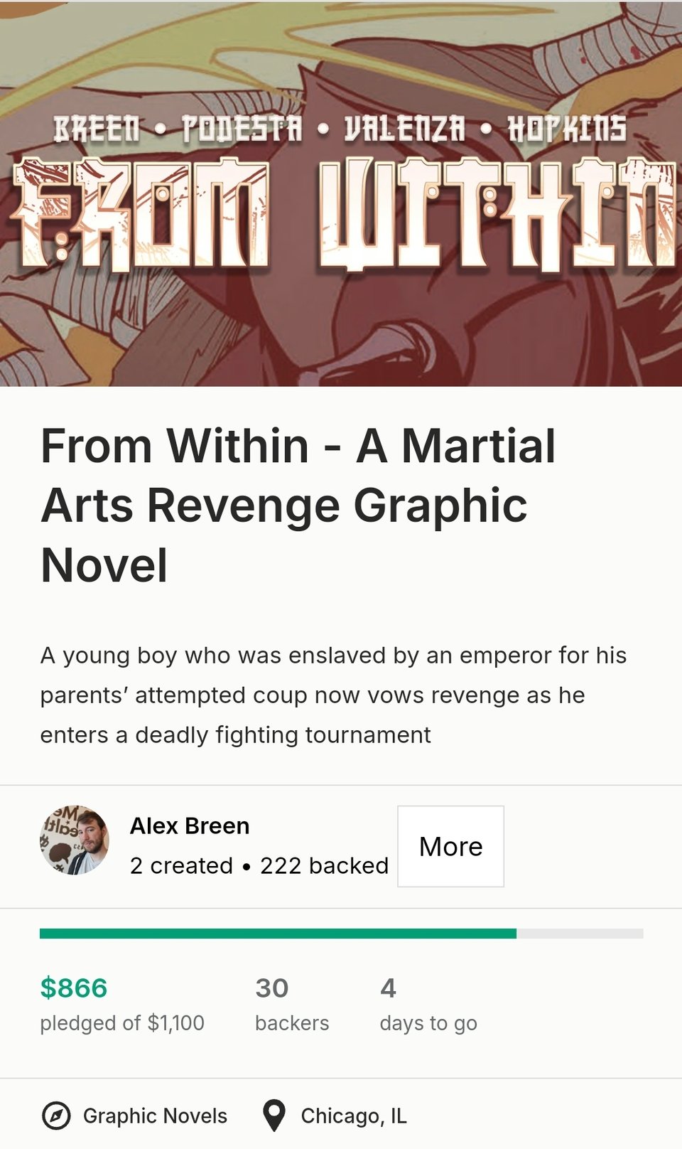 A screenshot of Alex Breen's Kickstarter campaign page for From Within