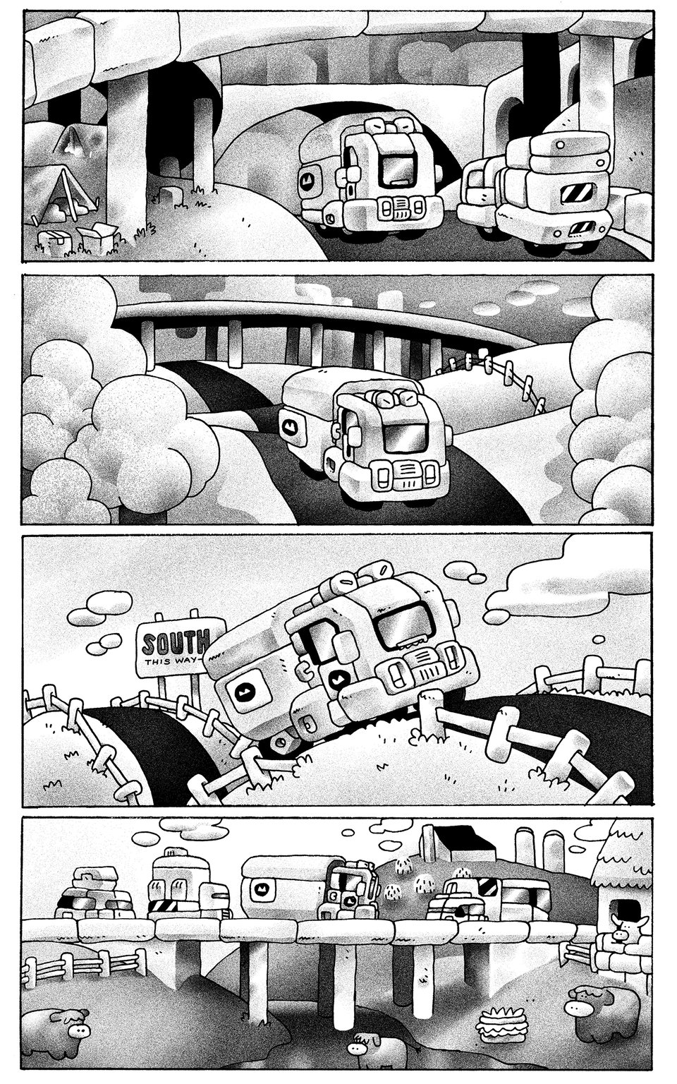 A comic page that depicts a work truck driving through the city, then out into the country