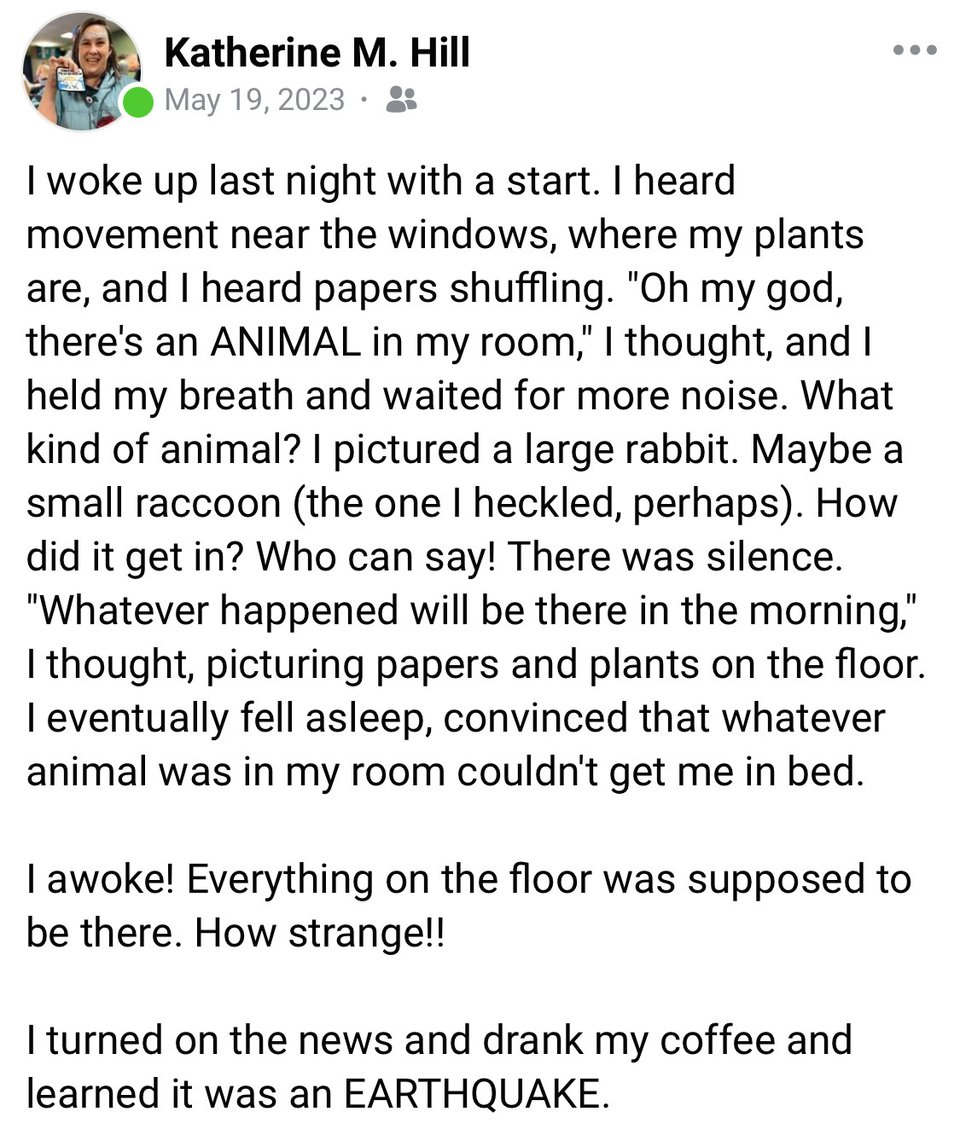 A screenshot of my Facebook on May 19, 2023, after a small earthquake in Westchester, and I thought it was a raccoon, for some reason.