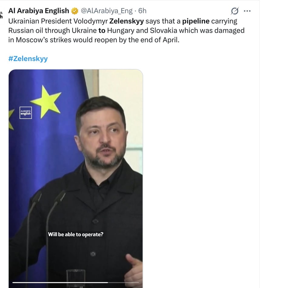 Zelenskyy is reopening the pipe line sending Russia fuel to Hungary
