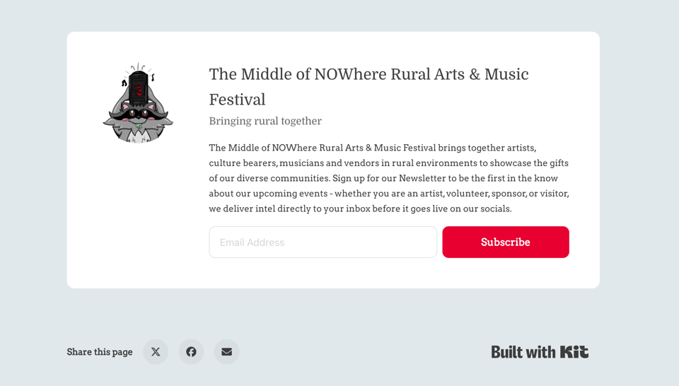 screen grab of the middle of nowhere newsletter landing page with a raccoon holding a boombox over his head.