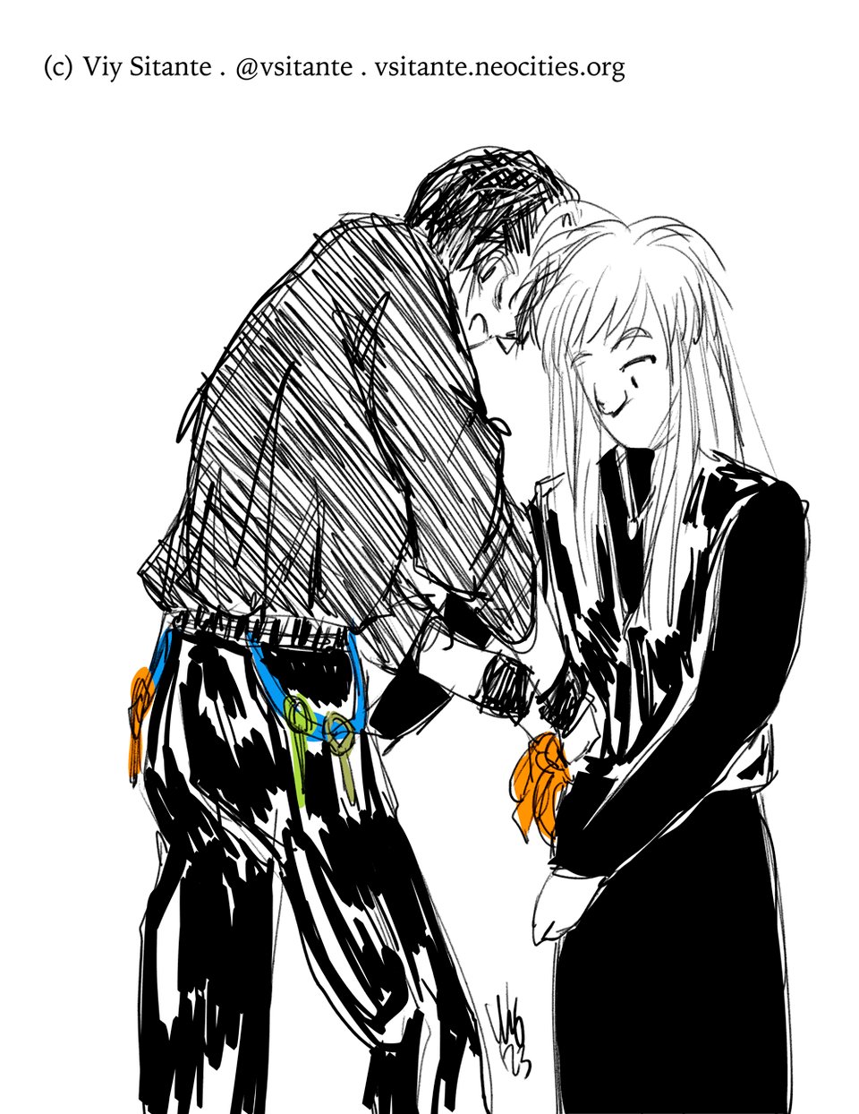 Black and white sketch with color spots. We don't see much of his face but Magnus is bent a little to the side as he helps adjusts Astemar's handkerchief on her hip. She looks patient, hands extended to not interfere with him. He's wearing a black shirt with folded sleeves, leather bracelets and pants. From his belt hang a line filled with different keys. On his left, our left, hangs one orange key. On his right, our right, hands a lime green key and a mustard color key. She's wearing a long sleeved dress, with a closed leather vest on top. Her handkerchief is orange. Y'all google what that means for the leather community. Yeah, that's right, I gave you HOMEWORK.