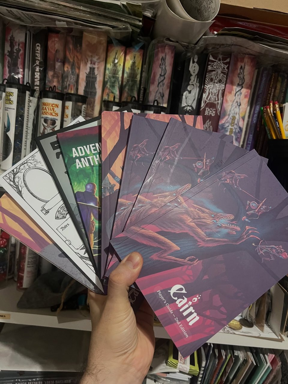 Hand holding several books that comes in the boxed ser show fantasy art and character sheets.