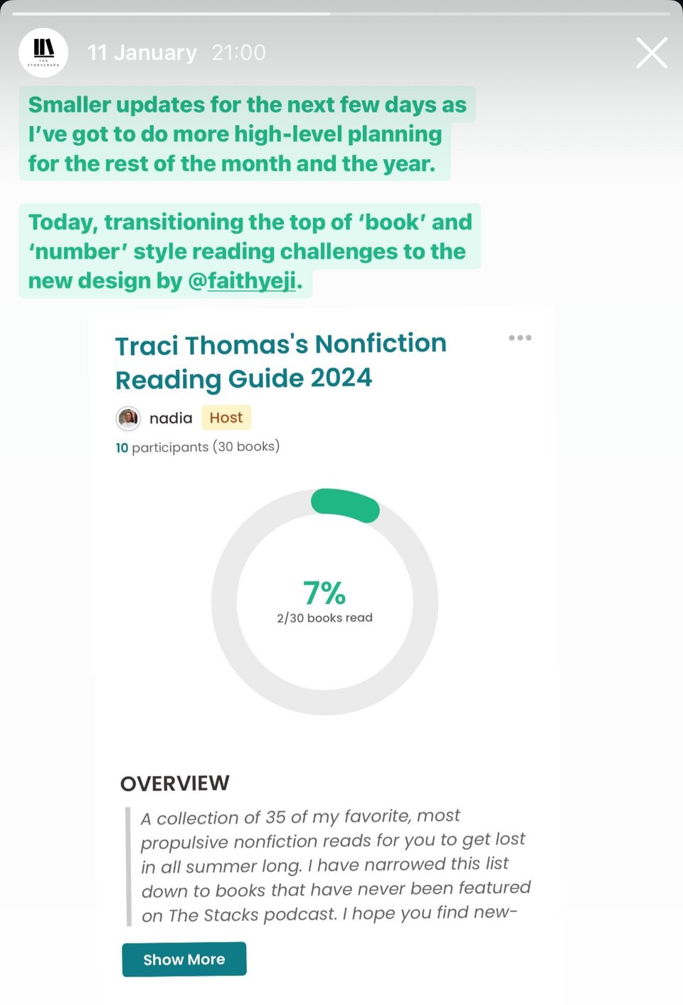 Screenshot of an Instagram story from @the.storygraph with text reading: