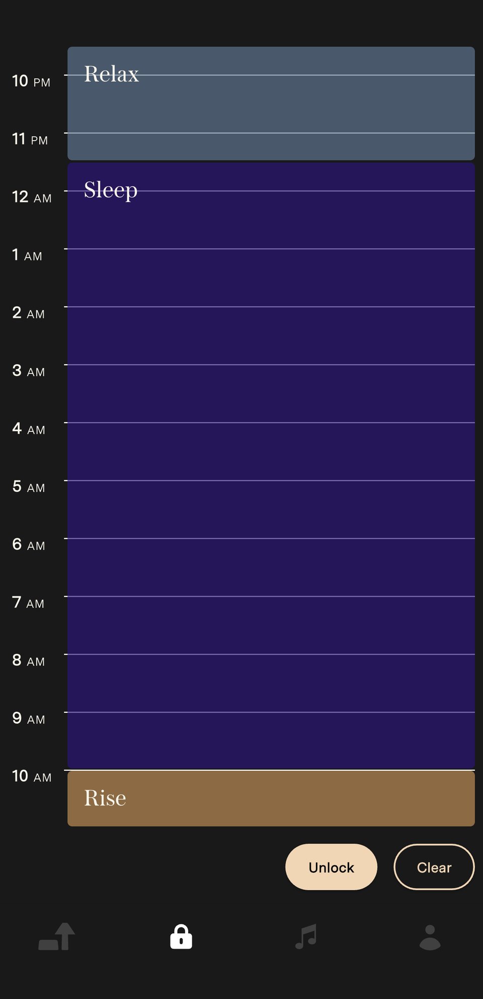 A calendar from the Loftie app's Rest & Rise feature. Relax begins at 9:30pm, Sleep begins at 11:30pm and Rise begins at 10am.
