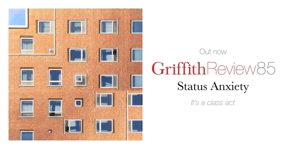 digital collage of windows in an apartment building, red brick, blue sky in the top right hand corner