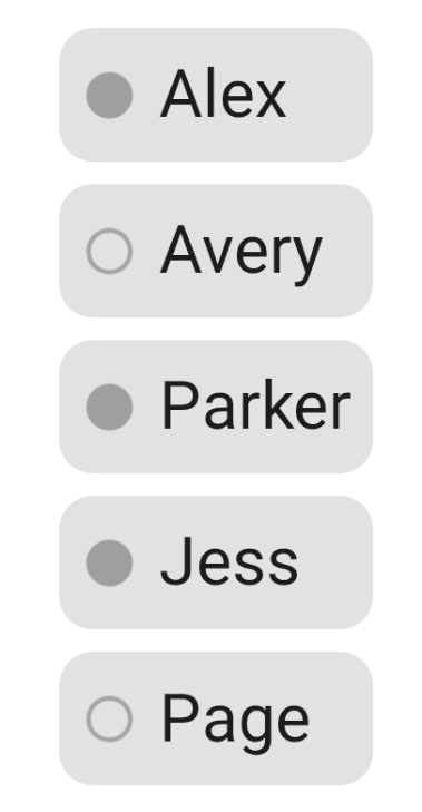 The same list of users, the badge colors can't be distinguished from each other, but the icons (filled or outlined circle) do distinguish the states.