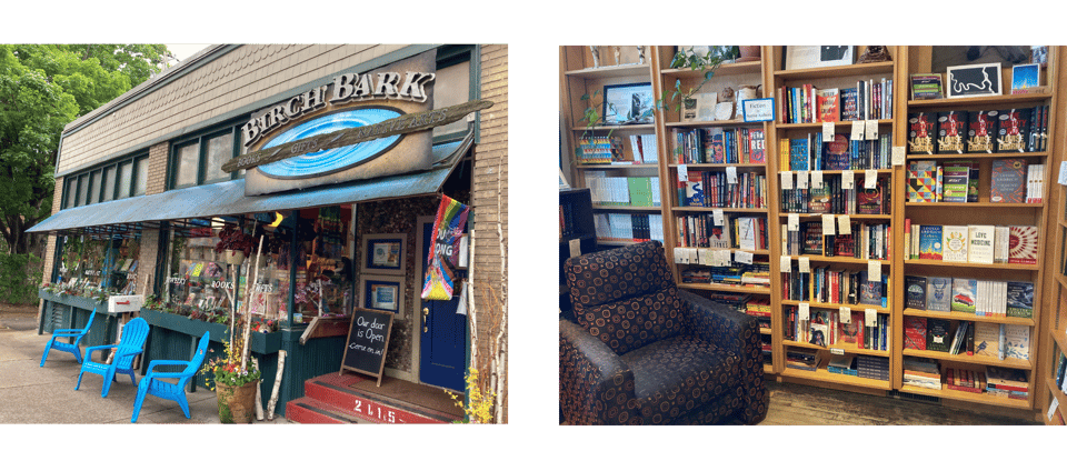 the storefront of Birchbark books and a shot of the interior bookshelves featuring Louise Erdrich's collection