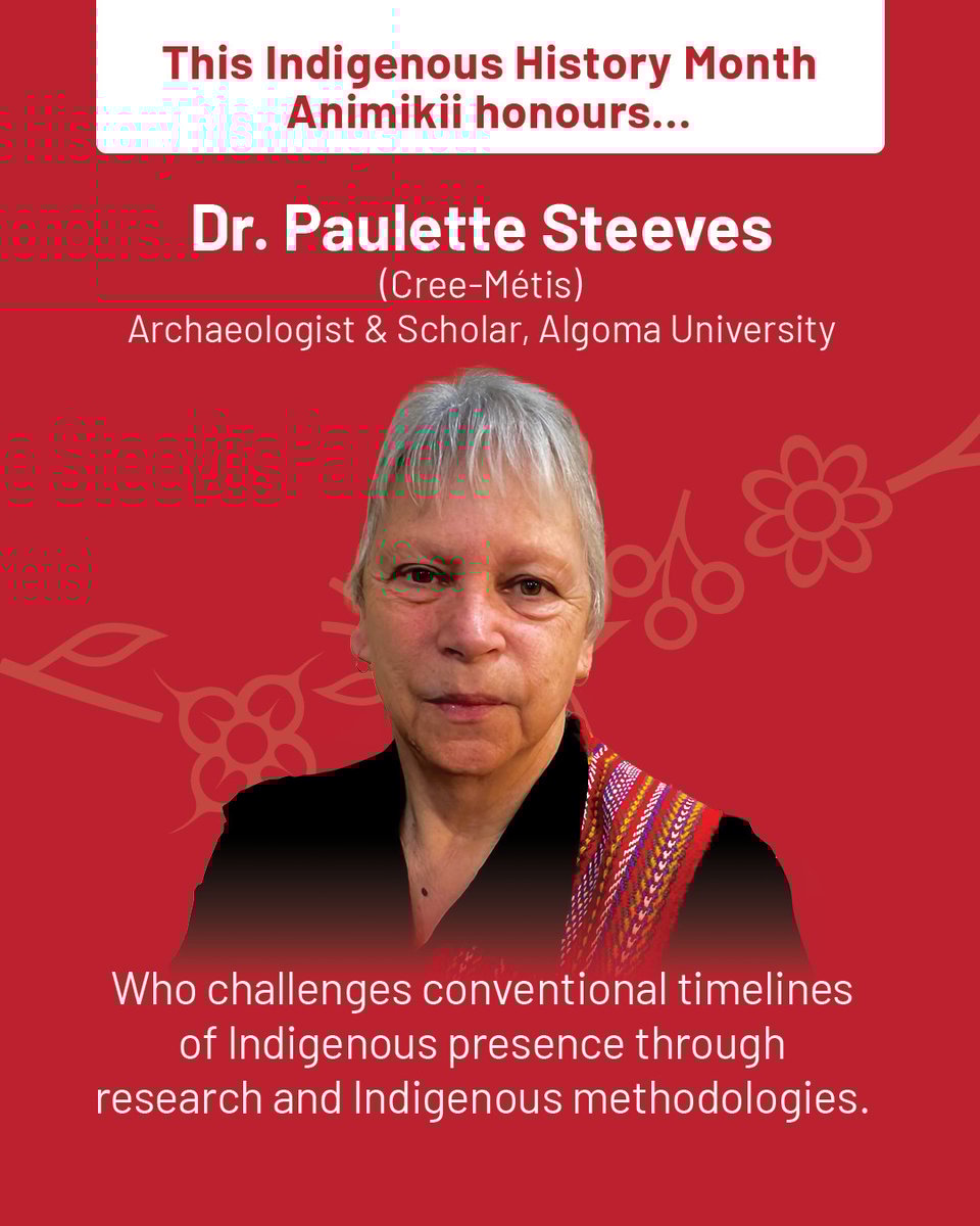 A red graphic with white text, and the image of an Indigenous woman with short grey hair wearing a Metis sash. 