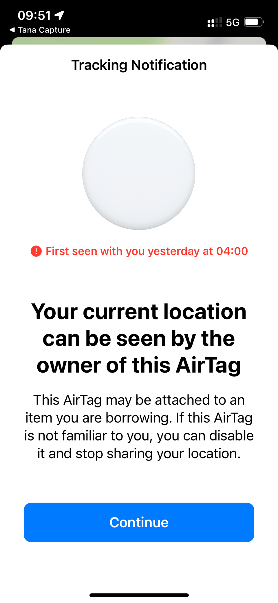 Screenshot of notification that I am being tracked by an AirTag