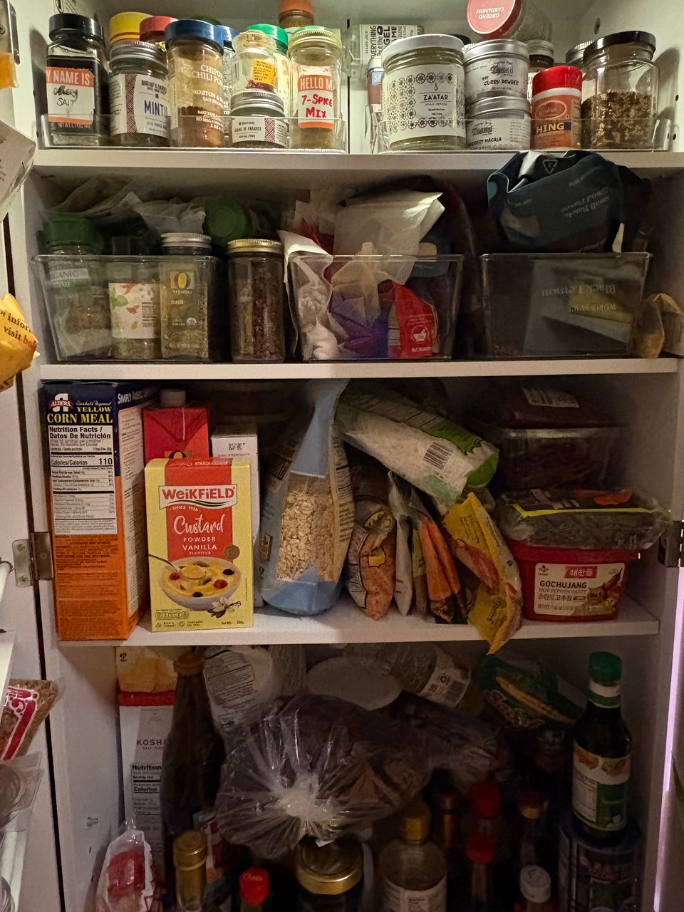 The author's overflowing pantry with spices, oats, lentils, sauces, and many more items.