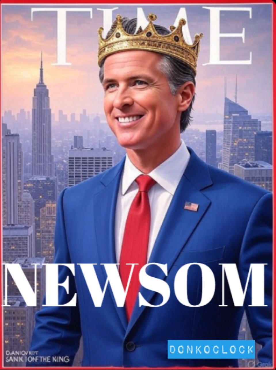 AI generated TIME magazine cover that shows Newsom in a blue suit with a king's crown on his head. He is smiling. There is nonsensical text at the bottom left of the image.