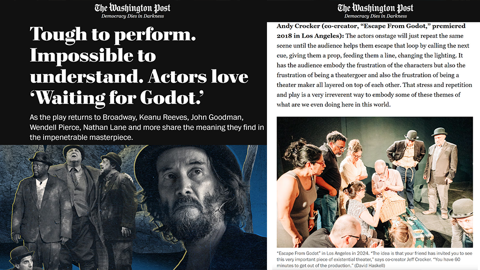 Two screenshots connected to show an article from a newspaper about Waiting for Godot and our involvement in the article.
