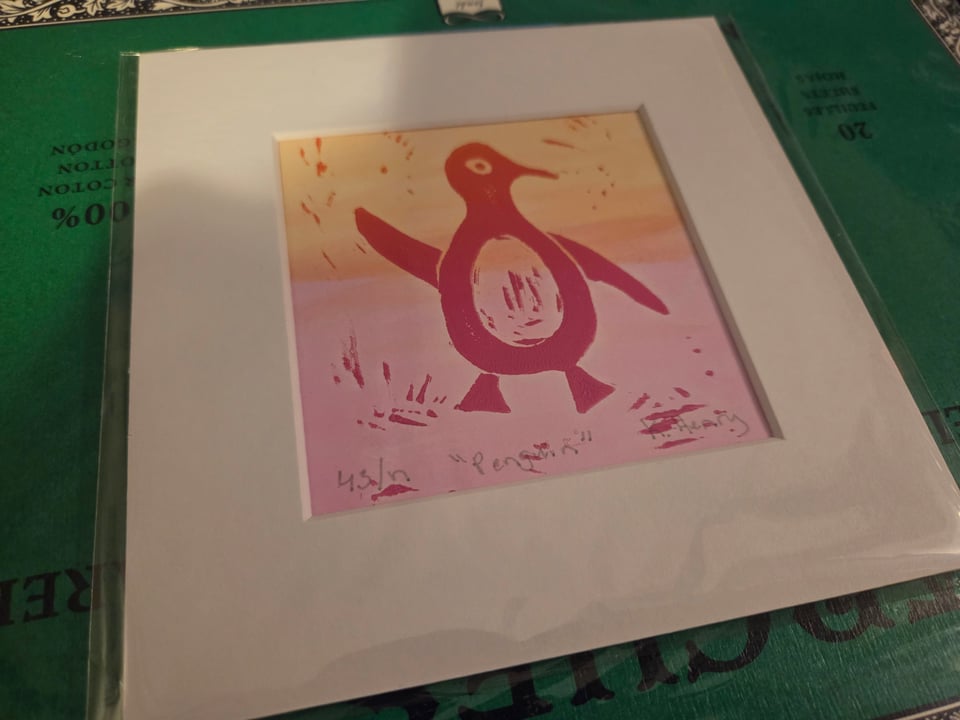Linocut print with watercolor layers