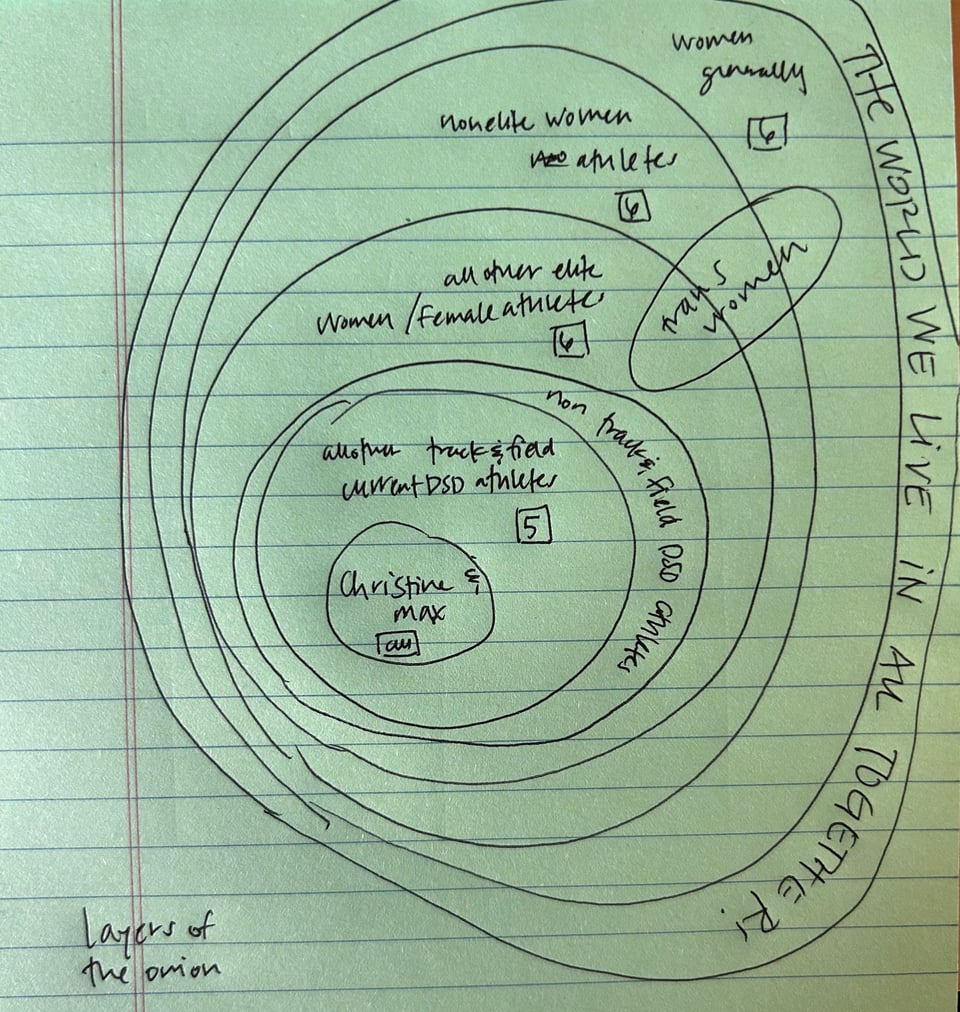 a picture of a notebook made of green paper, on which there is a series of wonky, concentric circles drawn, labeled with things like "non elite women athletes" and "women generally"