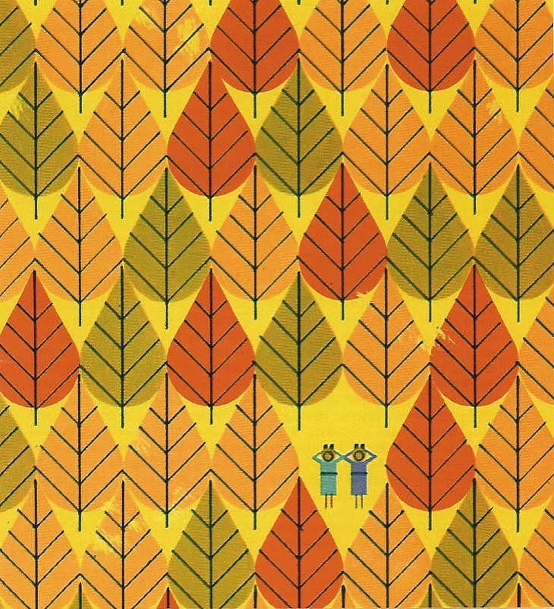 An attractive geometric image of fall-colored trees. In the clearing are two small figures holding up binoculars