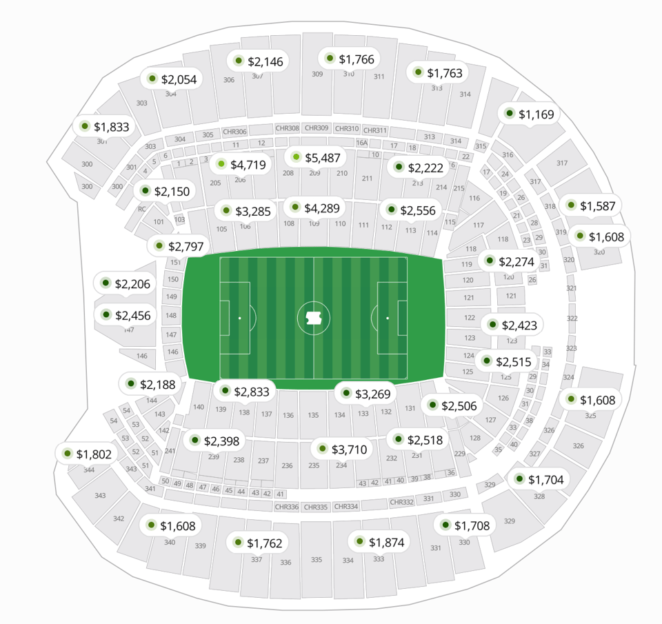 Seat map for US vs Australia, most expensive ticket is $5487, least expensive is $1169