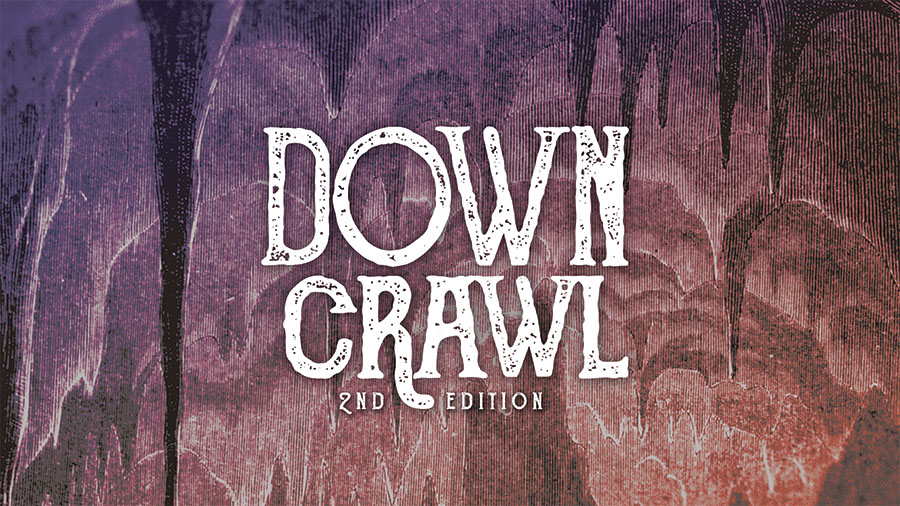 The Downcrawl logo, showing the game's title against a red and purple backdrop of a cavern filled with stalactites.
