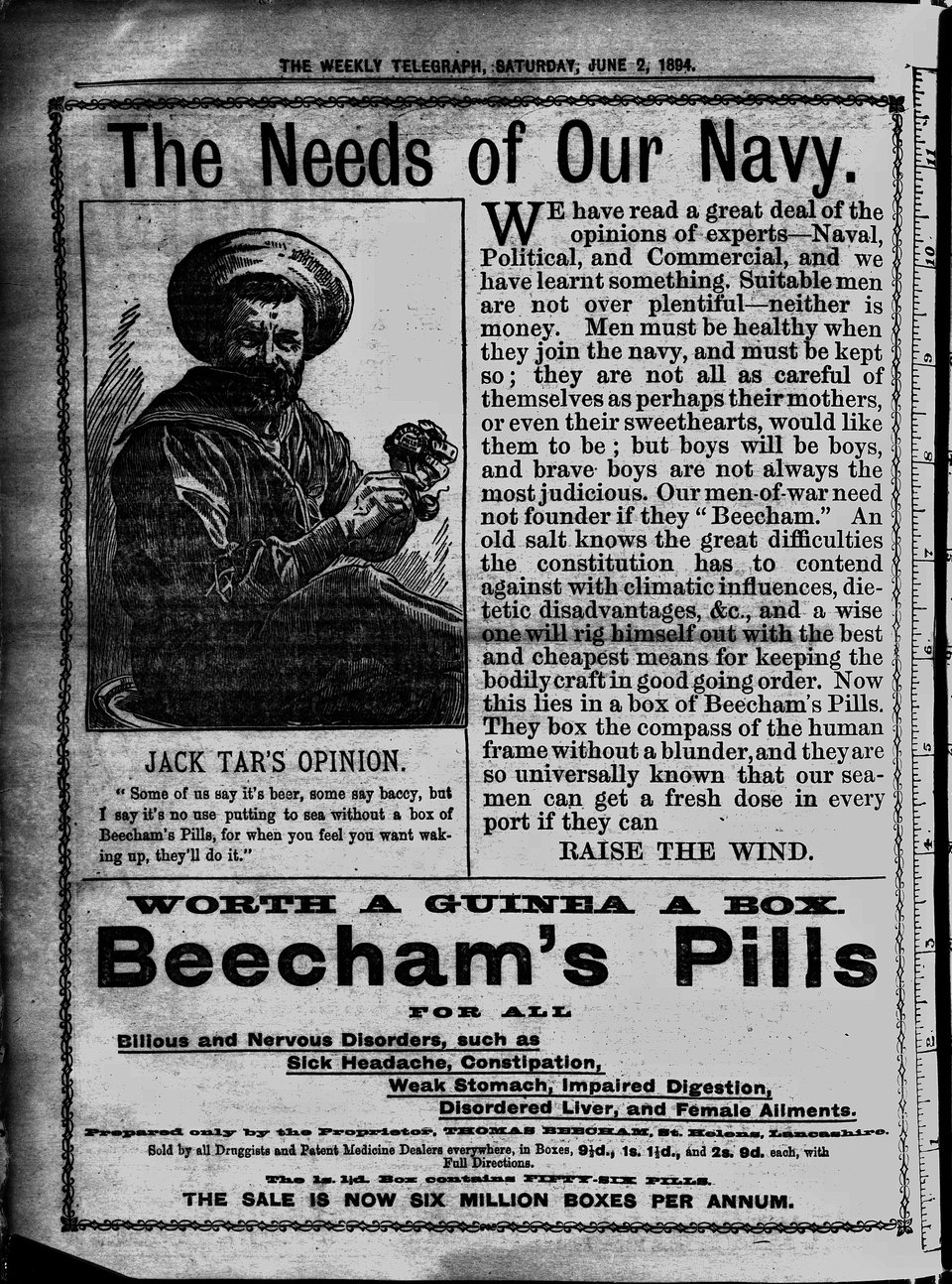 Another Beecham's ad, this time for their pills, which claims it will keep navy men healthy (morally and physically)