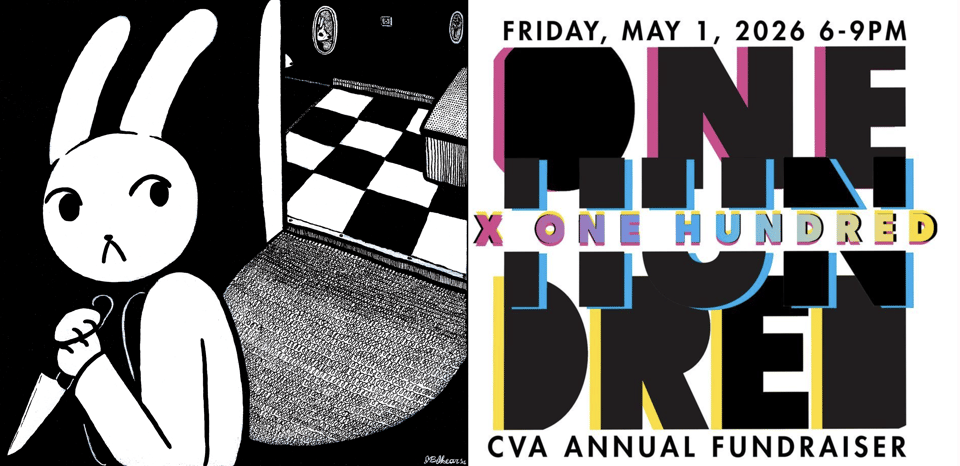 slasher bunny: the painting next to promo flyer for CVA 100x100 2026 show