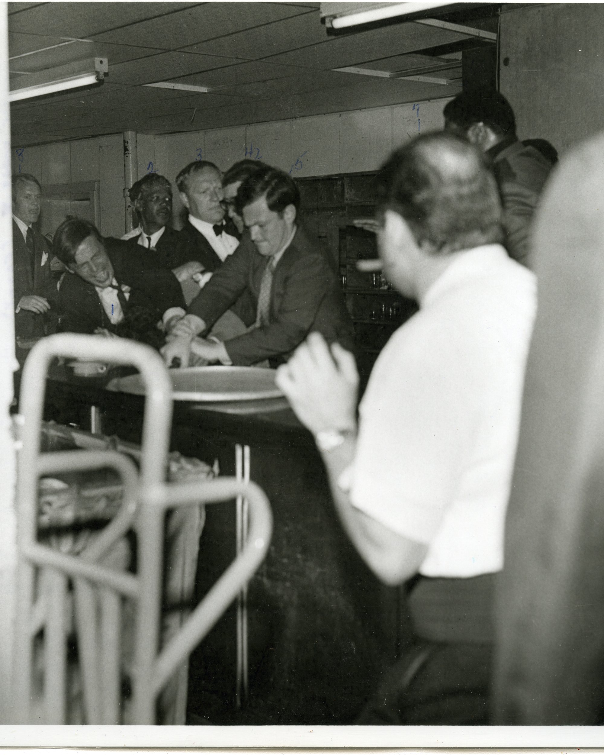 Bystanders wrestle a gun from Sirhan Sirhan in the Ambassador Hotel pantry moments after he shot Robert F. Kennedy, June 5, 1968