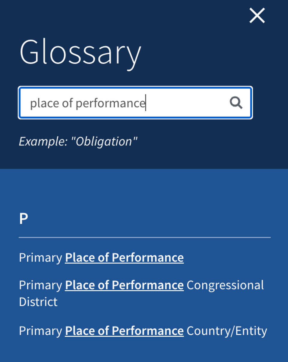 Close up of the Glossary interface