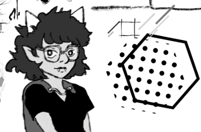 screenshot of sketch canvas file depicting a fantroll character and a hexagon over a hexagon-shaped area of dots