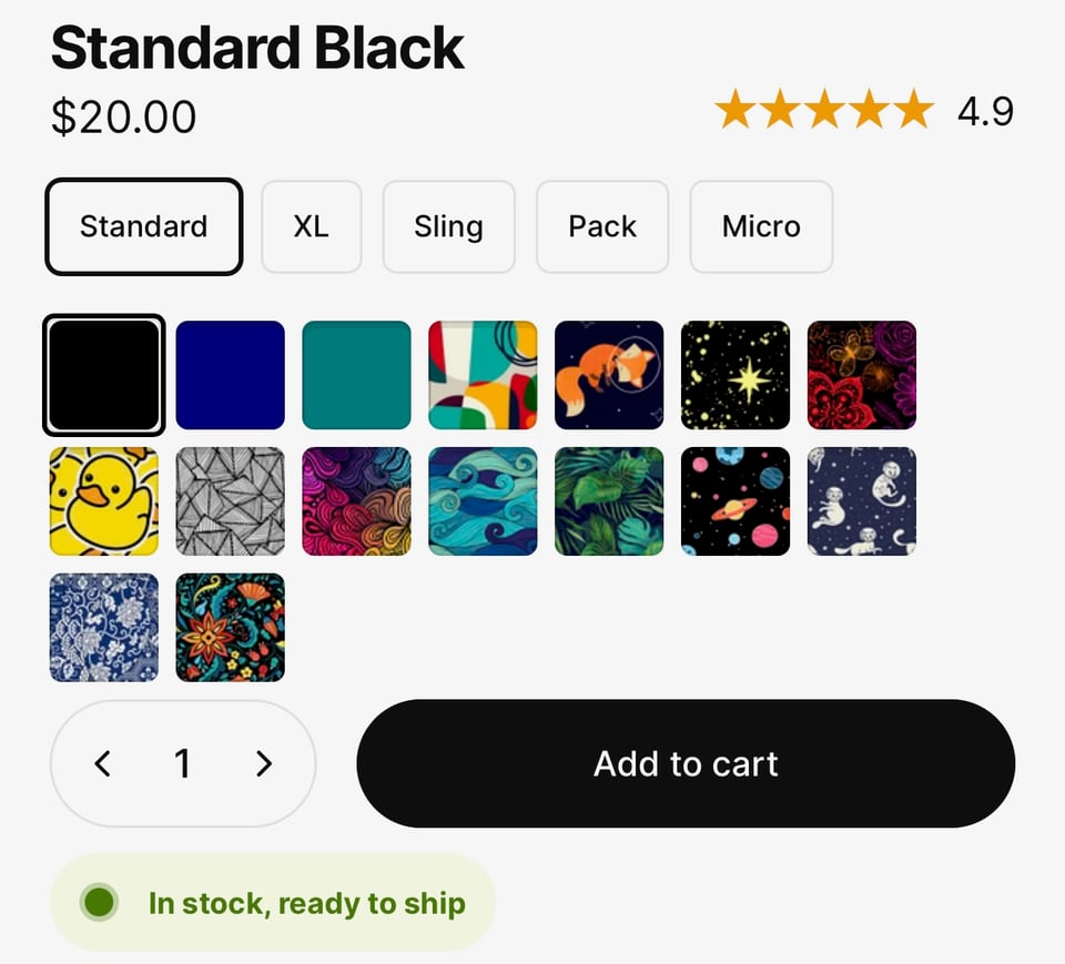 options for ordering the reusable bag, showing a variety of designs, but only five styles - standard, XL, sling, pack and micro