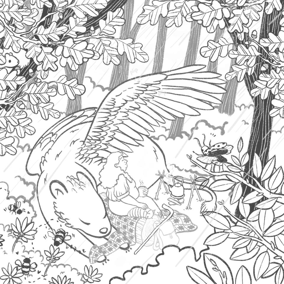 The inks for an illustration in progress showing a serene fantasy scene with a disabled person sitting on a log in a forest clearing with their companions: a griffin and a very large pillbug. They hold a cup of warm tea in their hand as they close their eyes to enjoy the moment. The griffin takes a nap with the corner of the character’s quilt covering their massive paws. The scene is framed by lush greenery and local fauna such as bees, a squirrel, and a beetle spreading its wings.