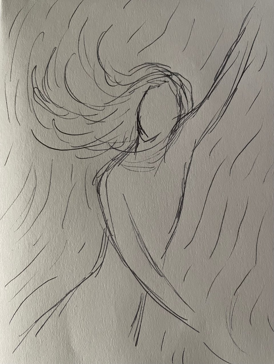 A rough sketch. A gesture drawing of a woman dancing. Energy flows from her flying arms and hair