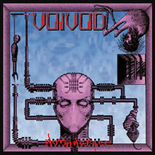 The head of a humanoid, perhaps alien creature, with pink skin. It has no mouth, and a circuitry-type design on its forehead. There are various pipes leading from the edge of the picture and going into the head. The background is blue. I don't know if Voivod say "trans rights" but they seem like a metal band that would.