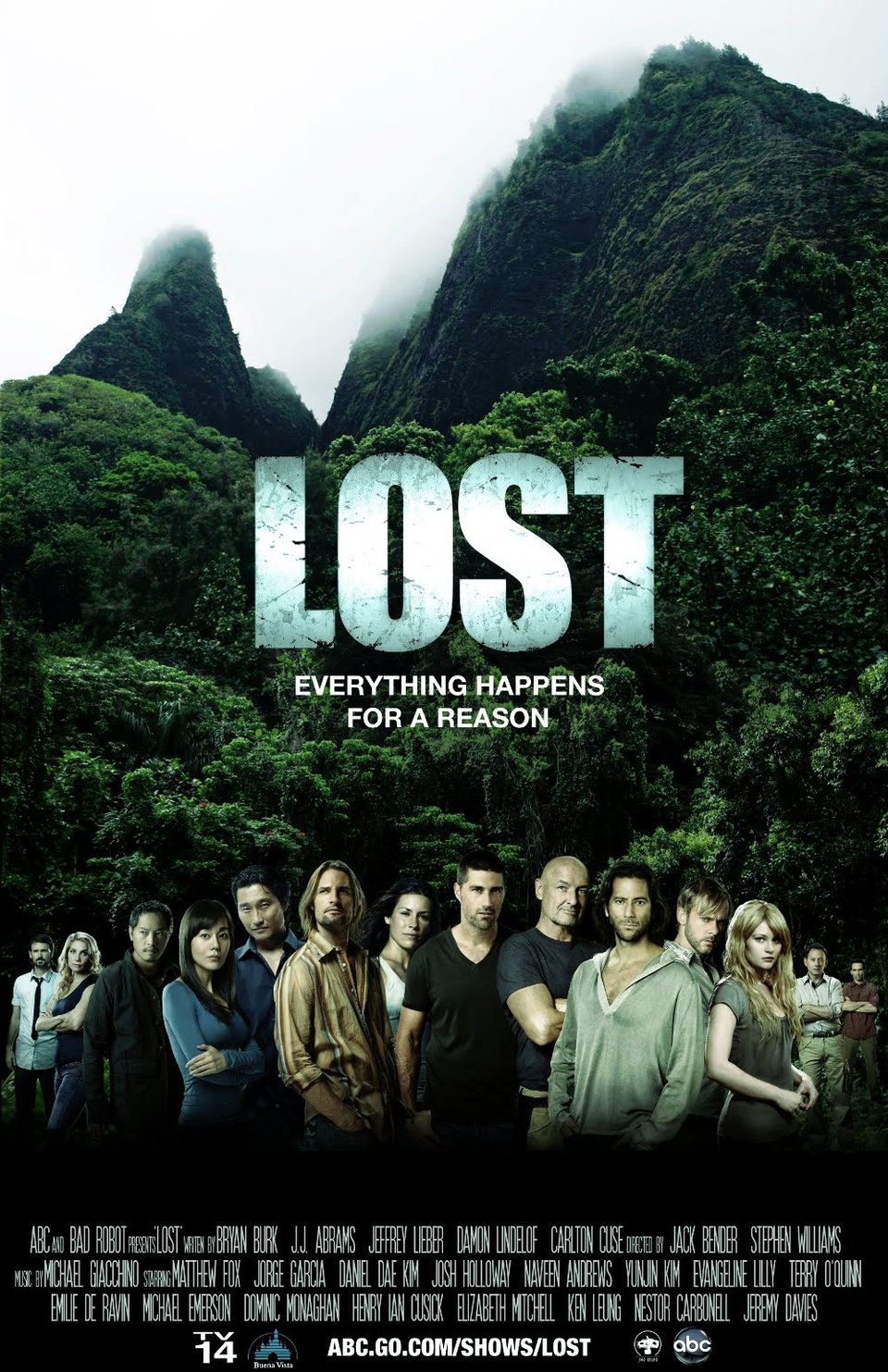 The poster for the ABC show Lost, with many people in front of an island