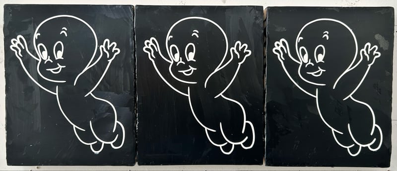 Paintings of three little Casper ghosts. Identical. White on black.