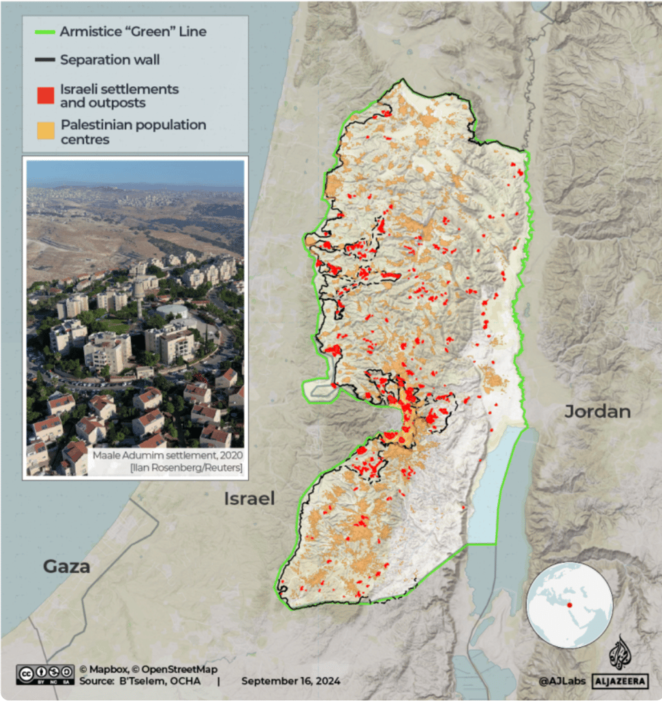 A map showing Israeli settlements and outposts throughout the West Bank