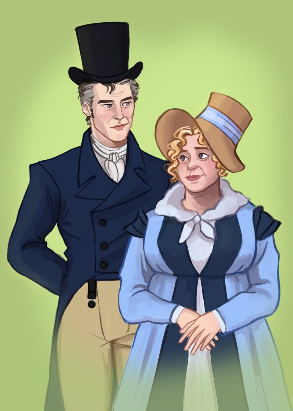 A middle aged man and middle aged woman, both wearing Regency-era, stand next to each other. The man is tall, thin, and gray haired. He wears a top hat, a blue coat, and beige pants. The woman is shorter, plump, and has long blond curls. She wears a bonnet and a long-sleeved, light blue gown, trimmed with darker blue. The background of the graphic is light green.