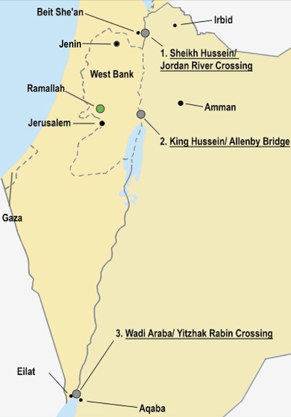 Map of the West Bank, showing cities in and outside the West Bank