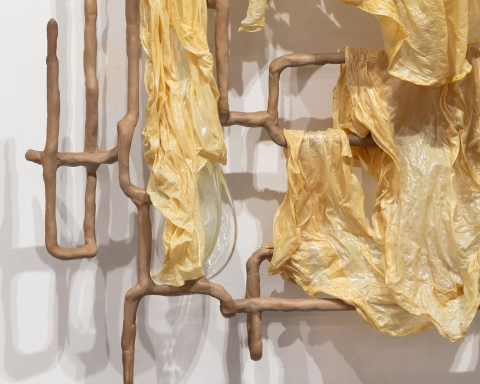 A detail of a wall-based sculpture shows a beige armature, a grid of sorts, draped with swaths of wrinkled tofu skin (or yuba) that resembles thin, pale yellow latex, rather like hospital gloves or condoms.