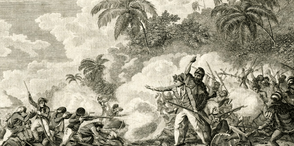 An 18th century print showing English soldiers firing guns at native Hawaiians who are waving spears. In the center is a man wearing a tricorn hat and a fancy coat, gesturing and trying to stop the fighting. A Hawaiian is about to knock the man in the center on the head.