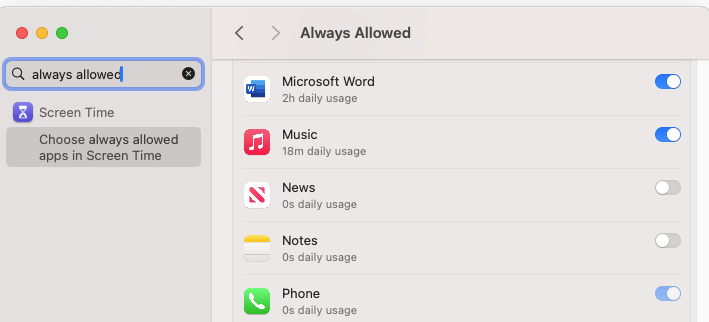 A screenshot of "Always Allowed," part of the System Preferences on my Mac Mini