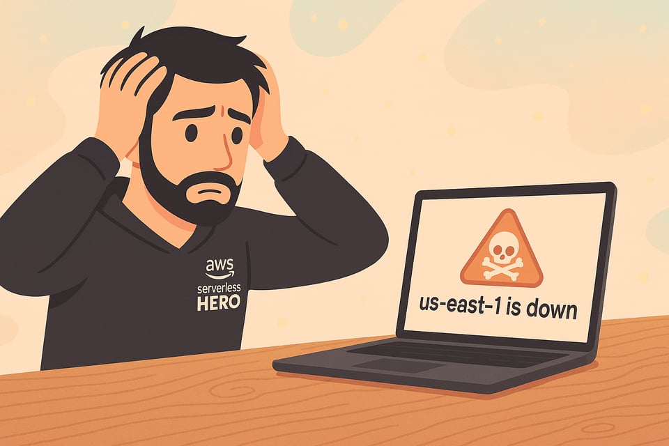 Flat-cartoon of Luciano Mammino at a wooden desk, hands on head with a worried look, wearing an “aws serverless HERO” hoodie. His laptop shows a skull-and-crossbones warning and the text “us-east-1 is down,” illustrating the recent AWS outage for full-stack readers.