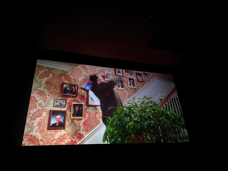 Harry gets clobbered with the paint can and falls down the stairs.