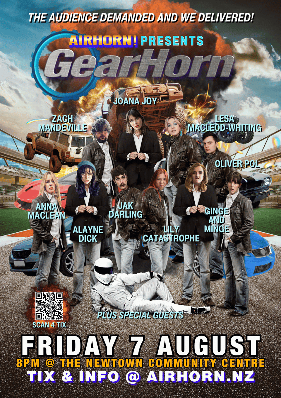 The whole crew on top of the bodies of james, jeremy, or richard as cars fly and explode behind them and it says GEARHORN in the top gear font.