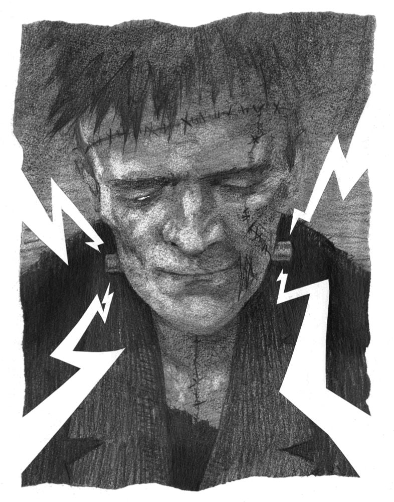A black and white sketch of a contemplative-looking Frankenstein, shot through with large lightning bolts
