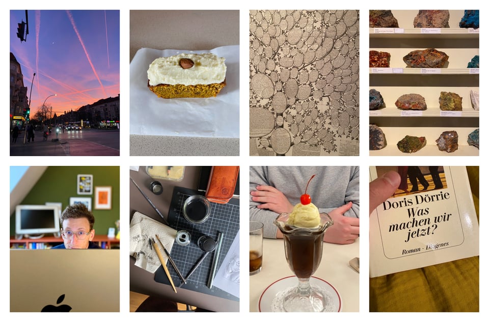Collage mit Fotos: Sonnenuntergang, Kuchen, Tusche-Malsachen, ein Dessert