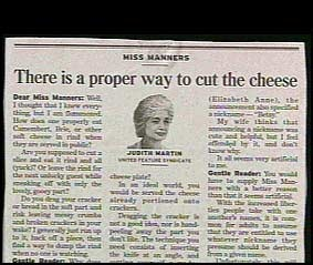 A Miss Manners' newspaper clipping with the headline, "There is a proper way to cut the cheese."