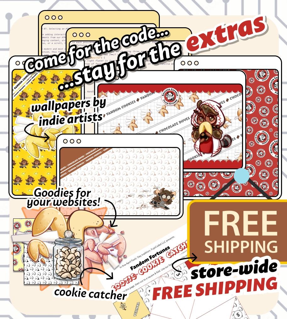 Come for the code... stay for the extras! Samples of what's inside the Extra Freebies for the Fandom Cookies Digital Pack: windows with code, windows with wallpapers featuring Boba-tan, and the paper fortune teller "cookie catcher" printable.